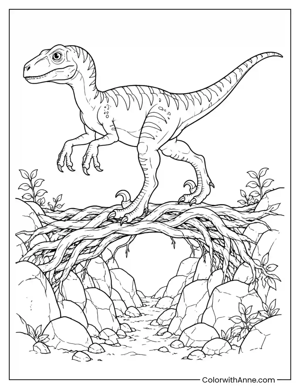 Velociraptor Crossing an Intertwined Root Bridge coloring page
