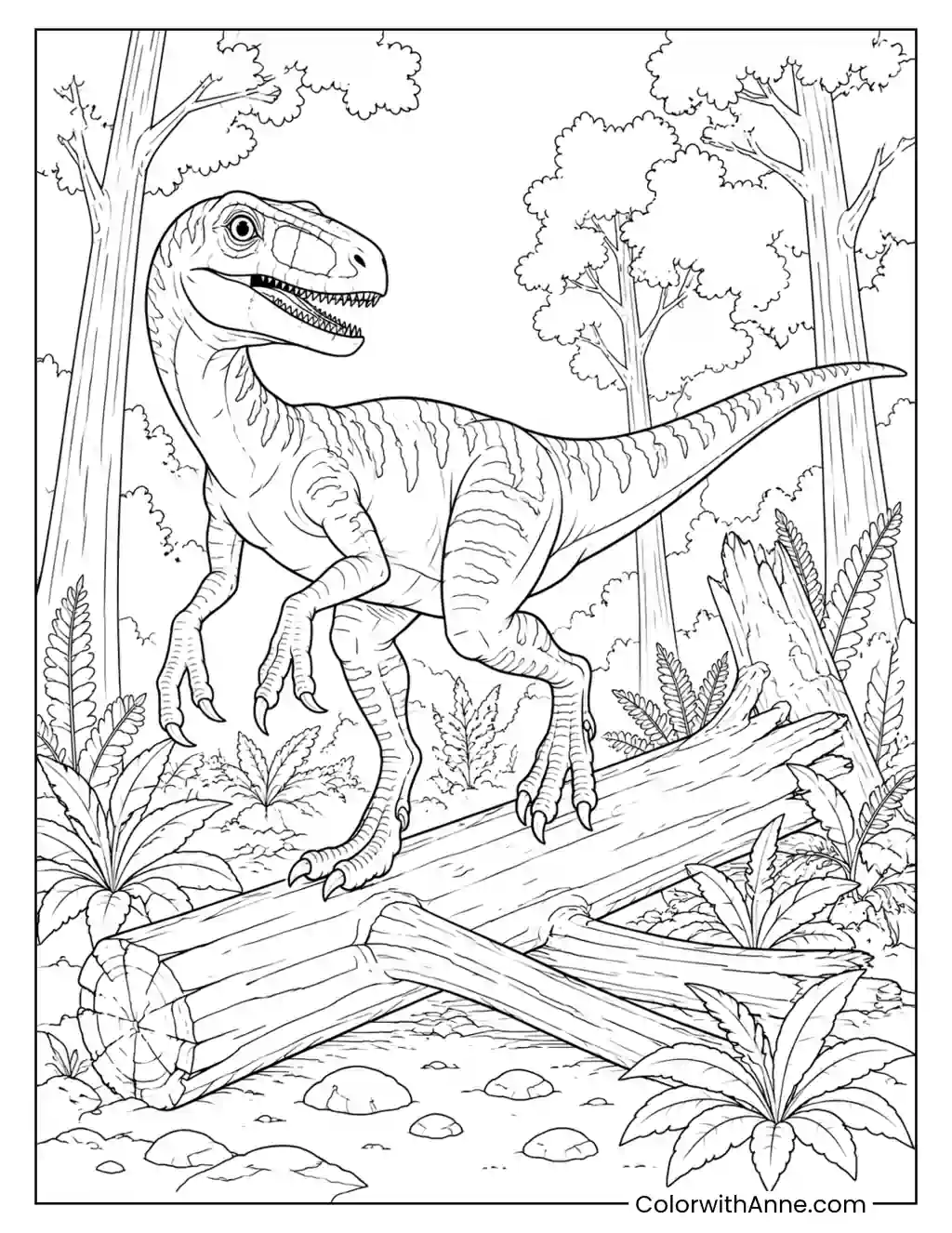 Velociraptor Crossing Fallen Logs in a Prehistoric Forest coloring page