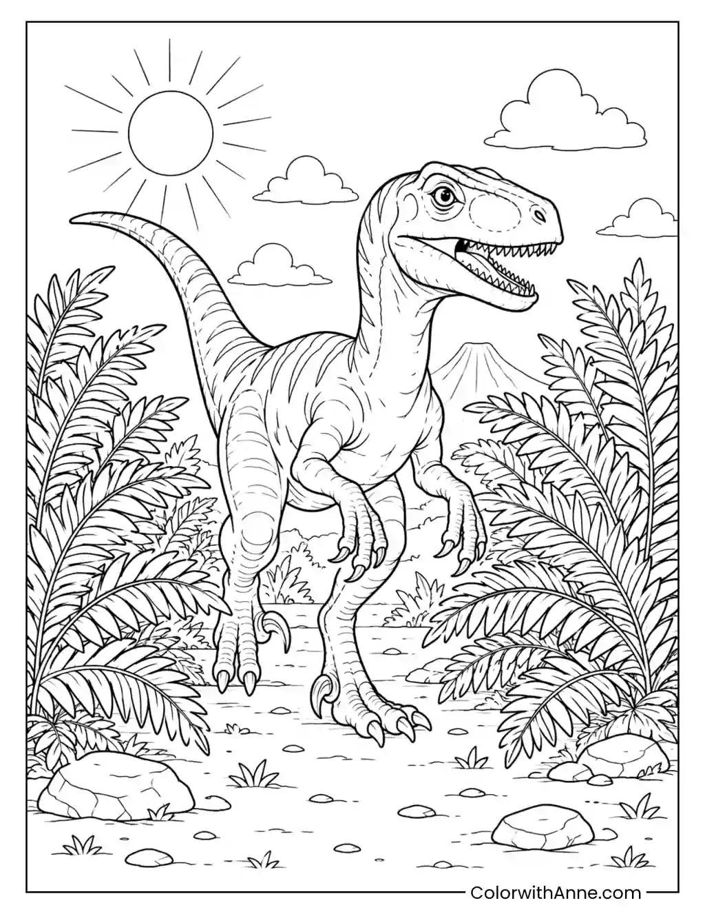 Velociraptor Emerging from a Fern Clearing coloring page