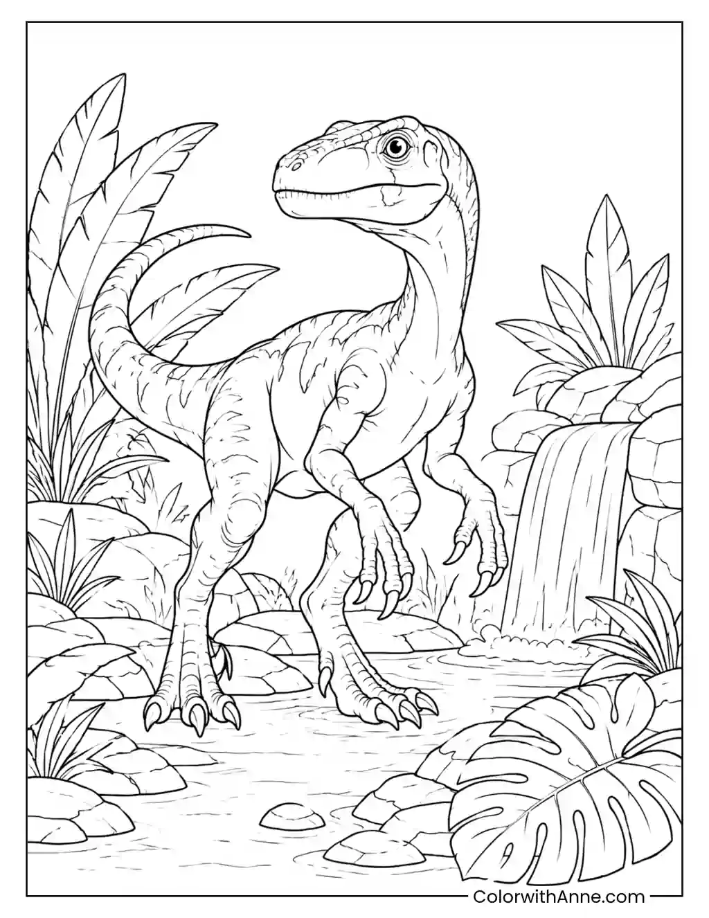 Velociraptor Exploring a Prehistoric Waterfall coloring page