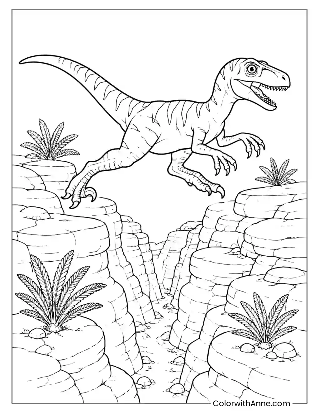 Velociraptor Leaping Across a Rocky Ravine coloring page