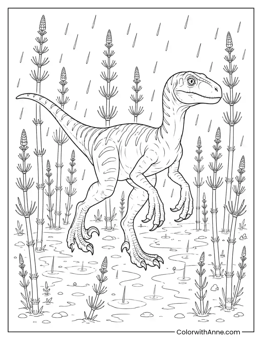 Velociraptor Walking Through a Rainy Horsetail Grove coloring page