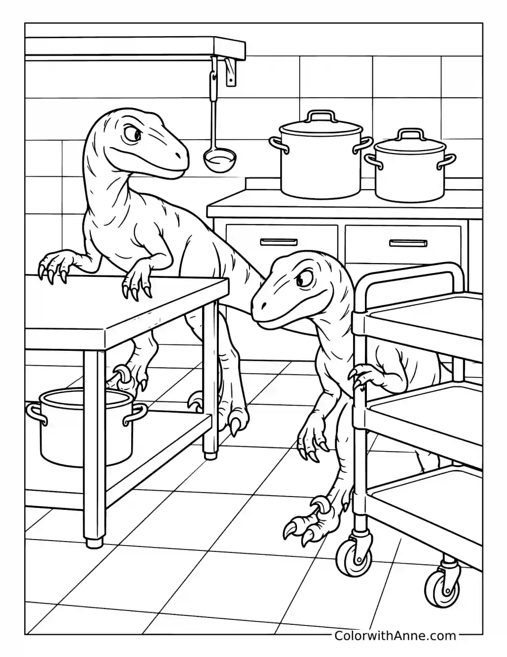 Velociraptors Explore the Kitchen coloring page