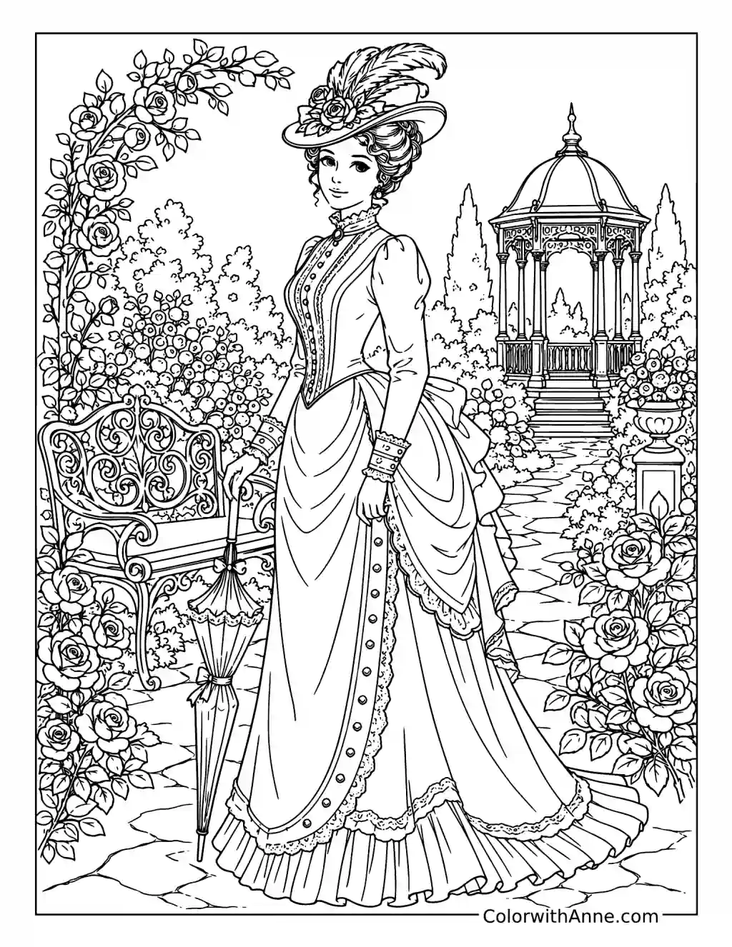 Victorian Lady in a Rose Garden coloring page