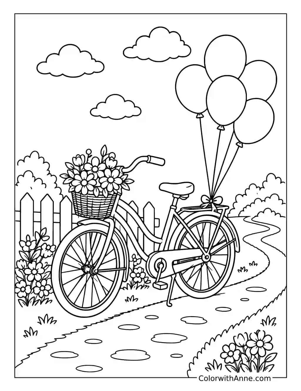 Vintage Bicycle with Balloons and Flowers coloring page