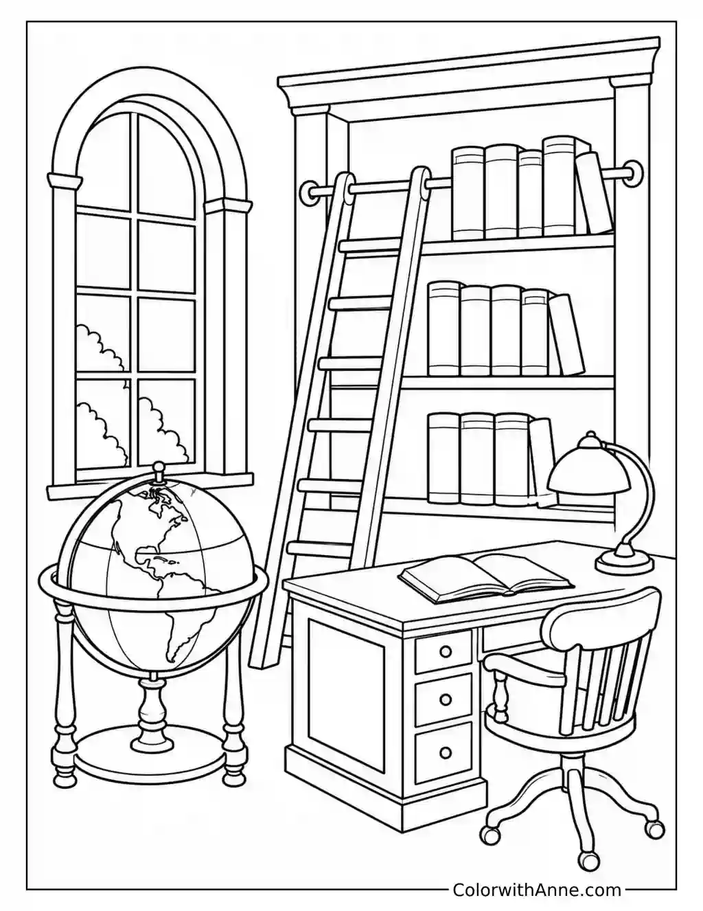 Vintage Library with Globe and Ladder coloring page