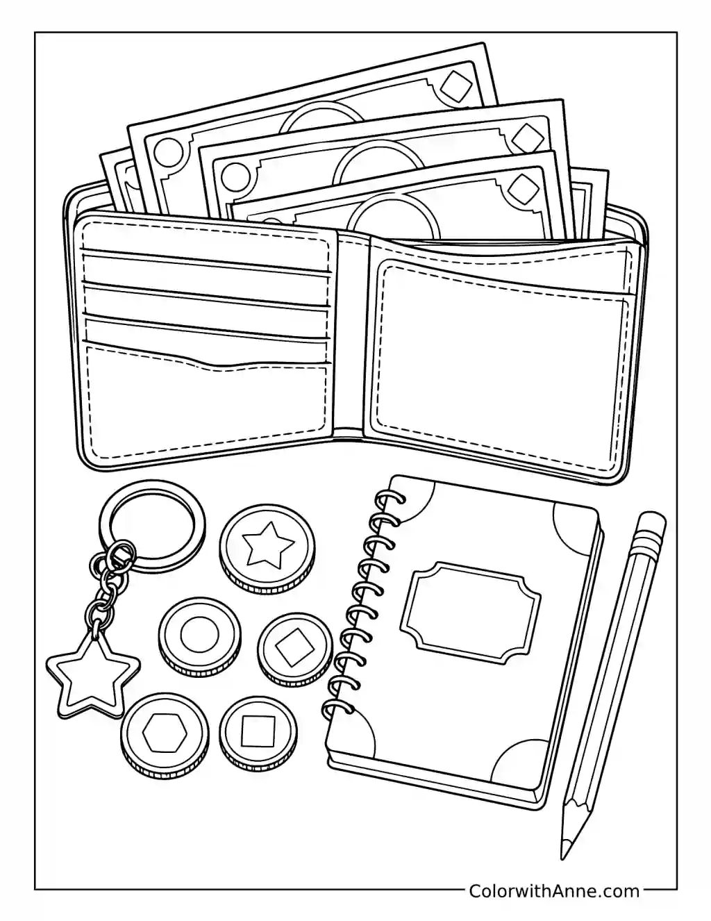 Wallet with Play Money and Coins coloring page