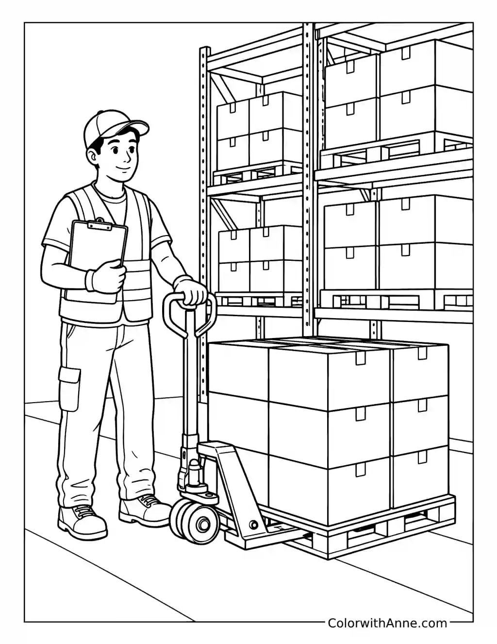 Warehouse Worker Organizing Supplies coloring page