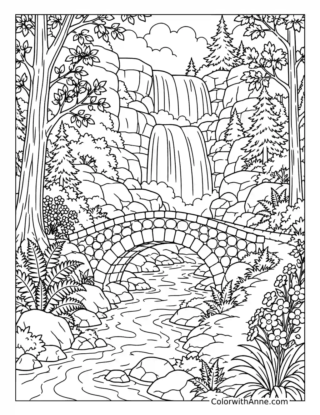 Waterfall and Stone Bridge coloring page