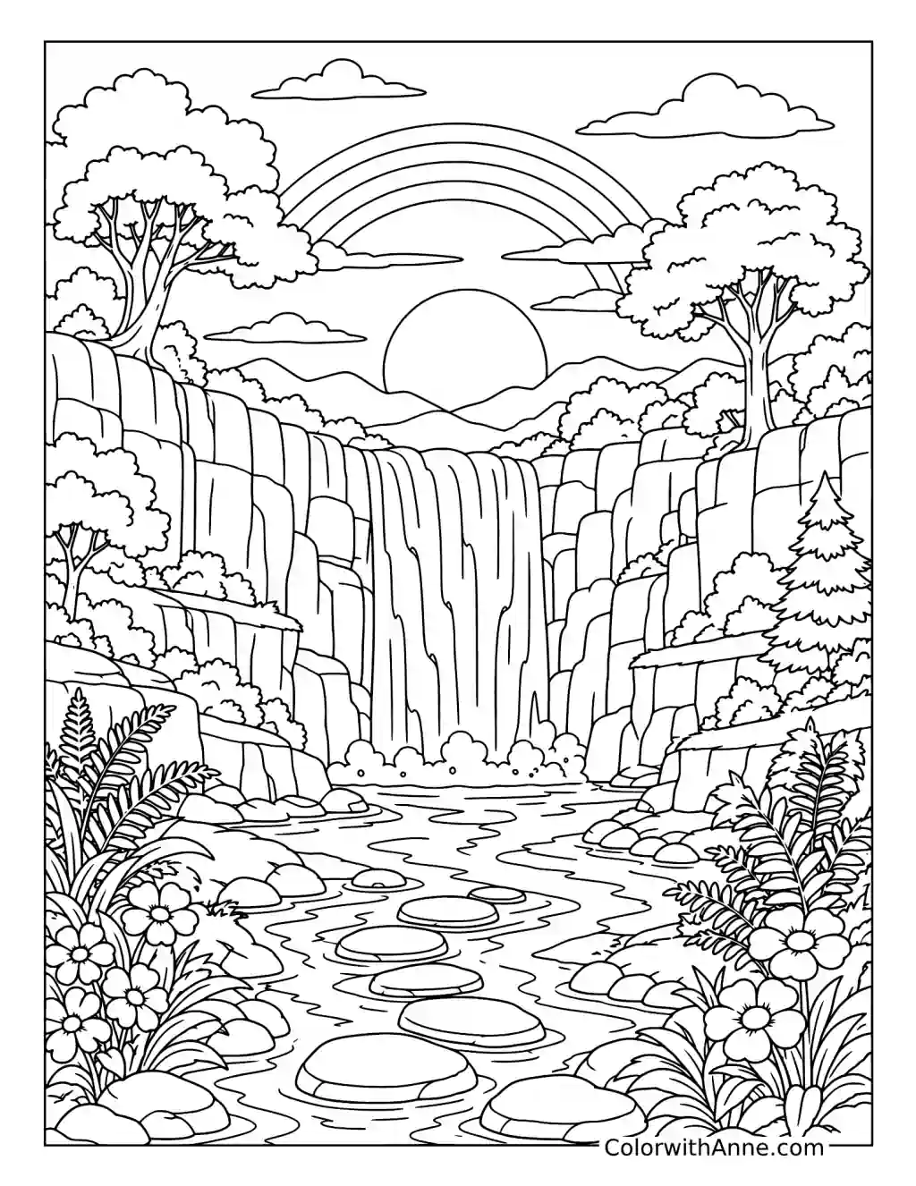 Waterfall Valley Sunset coloring page