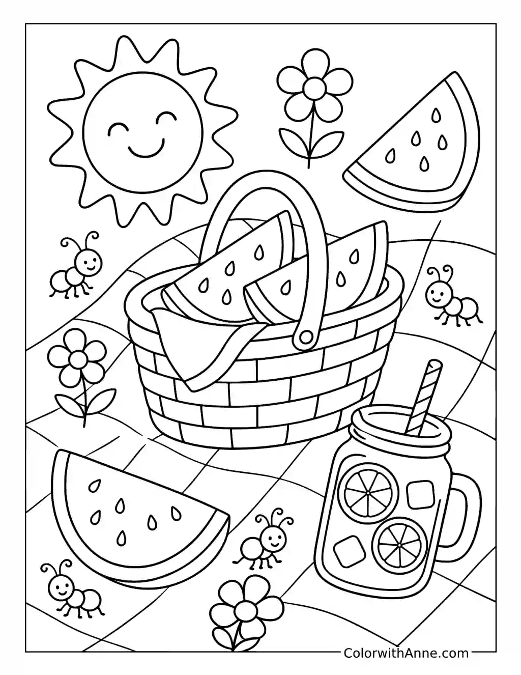 Watermelon Picnic coloring page