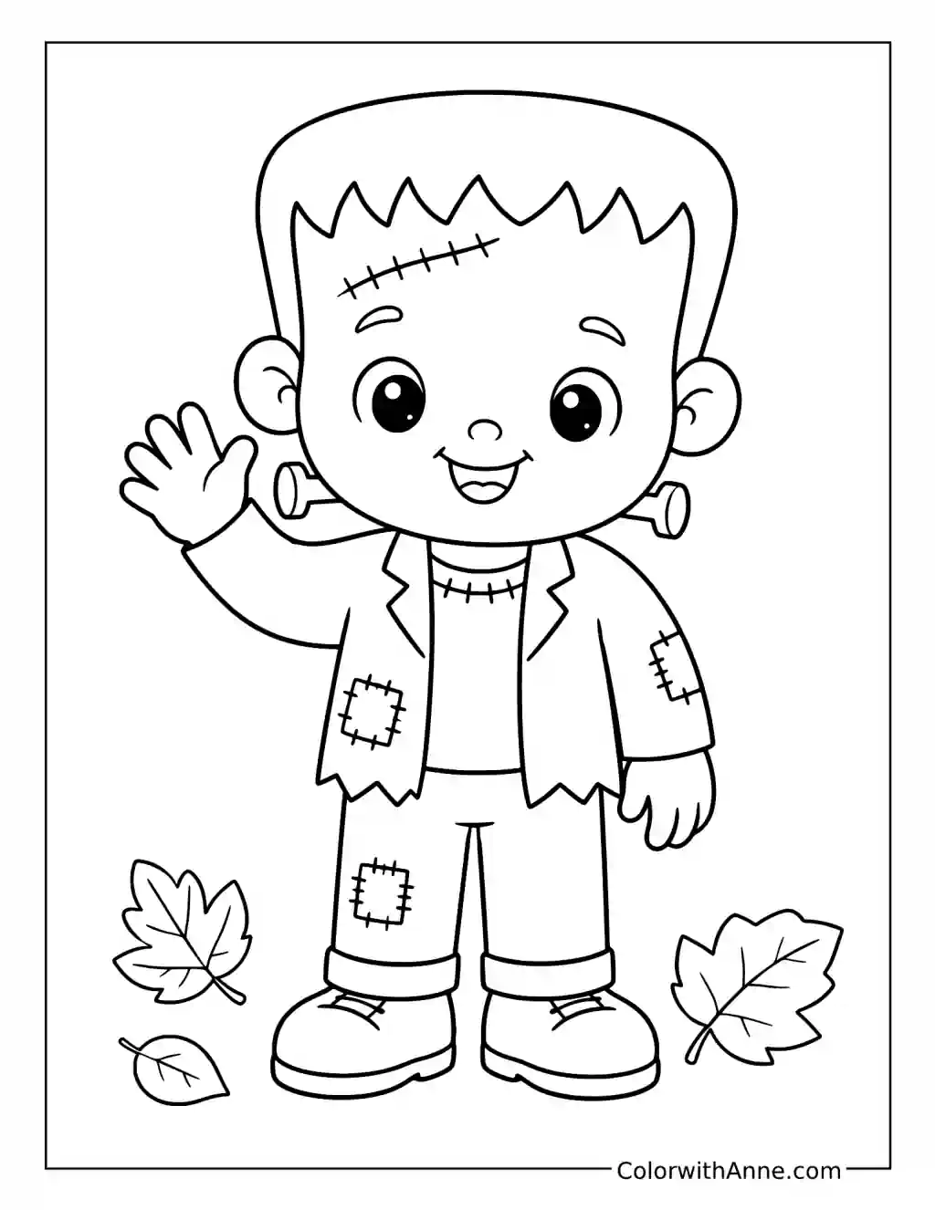 Waving Little Frankenstein in Autumn Leaves coloring page
