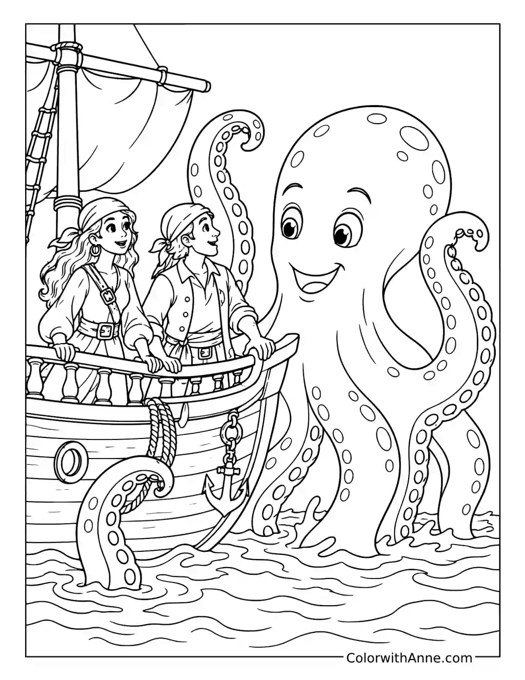 Waving Octopus Meets Pirate Ship coloring page