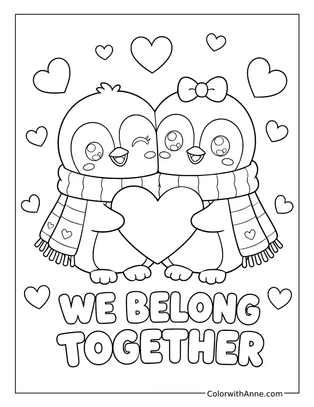 We Belong Together with Cuddling Penguins coloring page