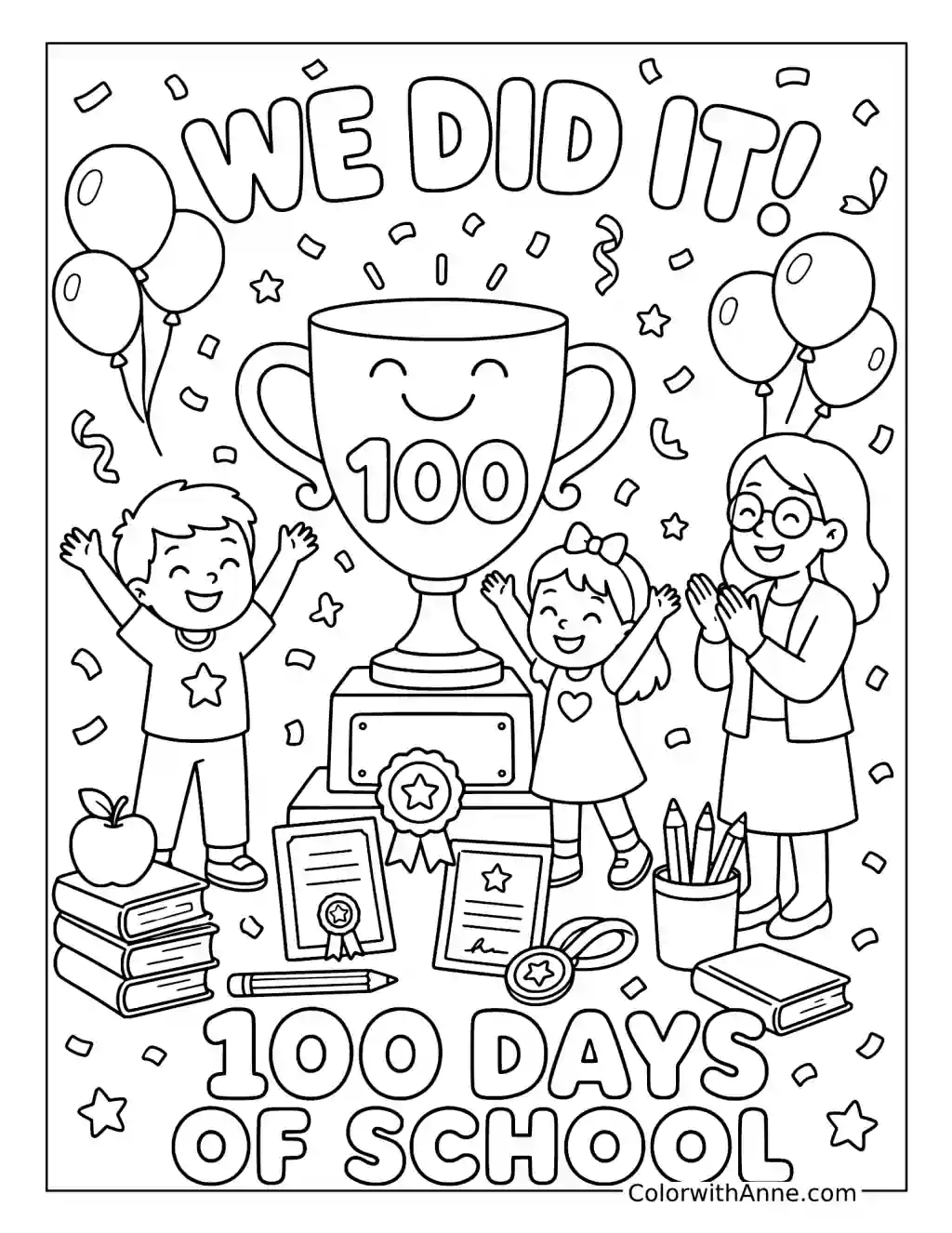 We Did It 100 Days of School Trophy coloring page