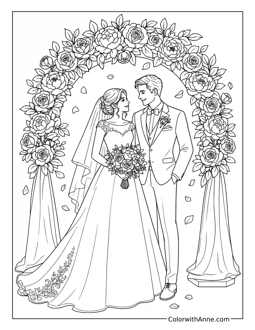 Wedding Couple Beneath a Floral Arch coloring page