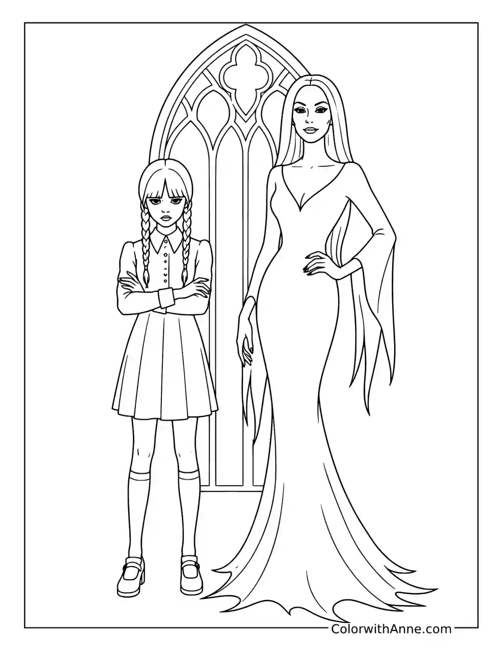 Wednesday and Morticia coloring page