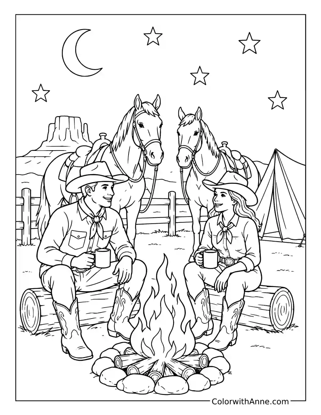 Western Campfire Under the Stars coloring page