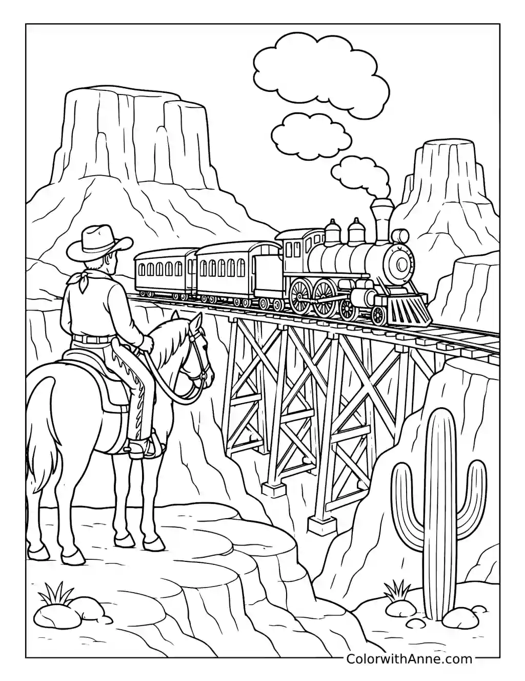 Western Steam Train Through the Canyon coloring page