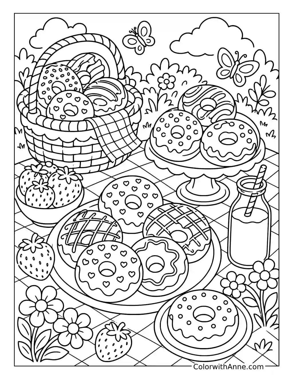 Whimsical Donut Picnic coloring page