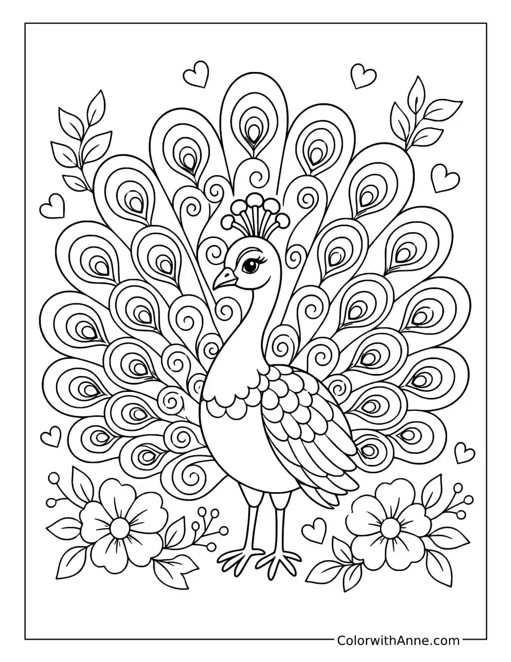 Whimsical Peacock with Hearts and Flowers coloring page