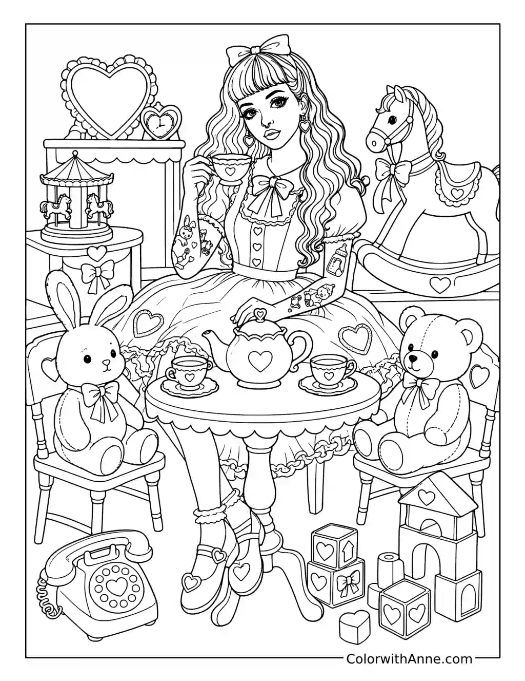 Whimsical play date tea party coloring page