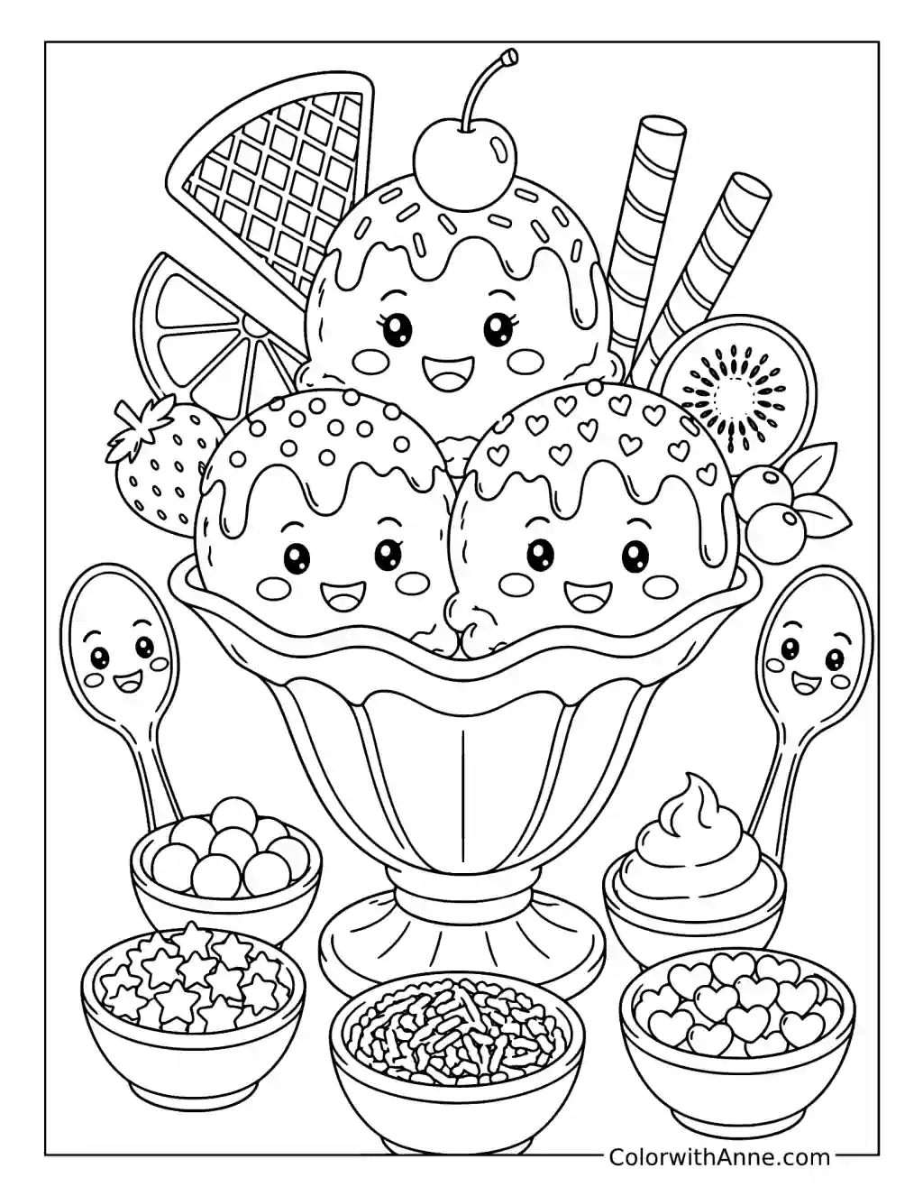 Whimsical Triple-Scoop Sundae Bar coloring page