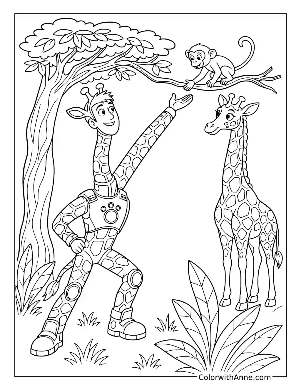Wild Kratts Giraffe Powers Reaching toward a Monkey coloring page