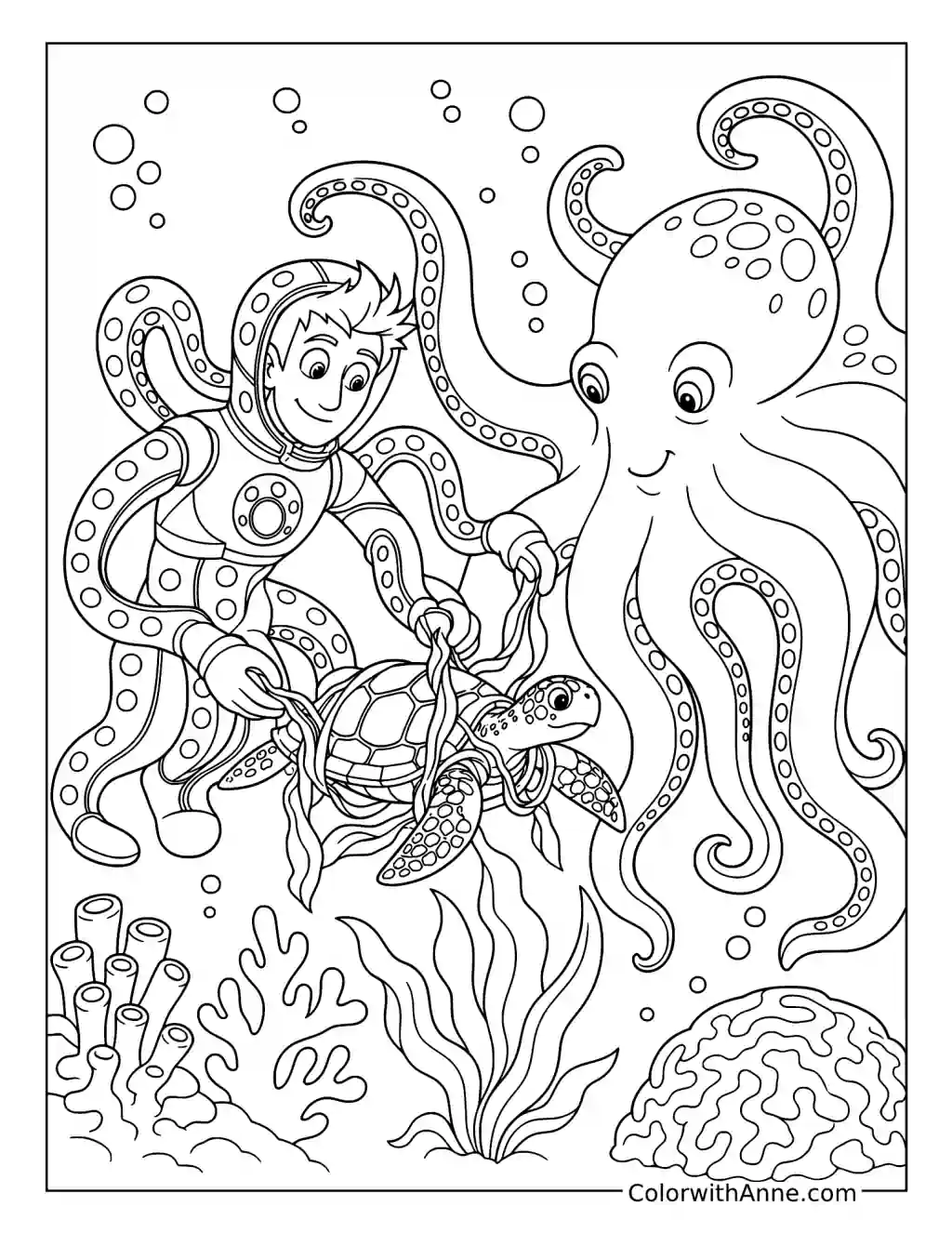 Wild Kratts Octopus Powers Helping a Sea Turtle coloring page
