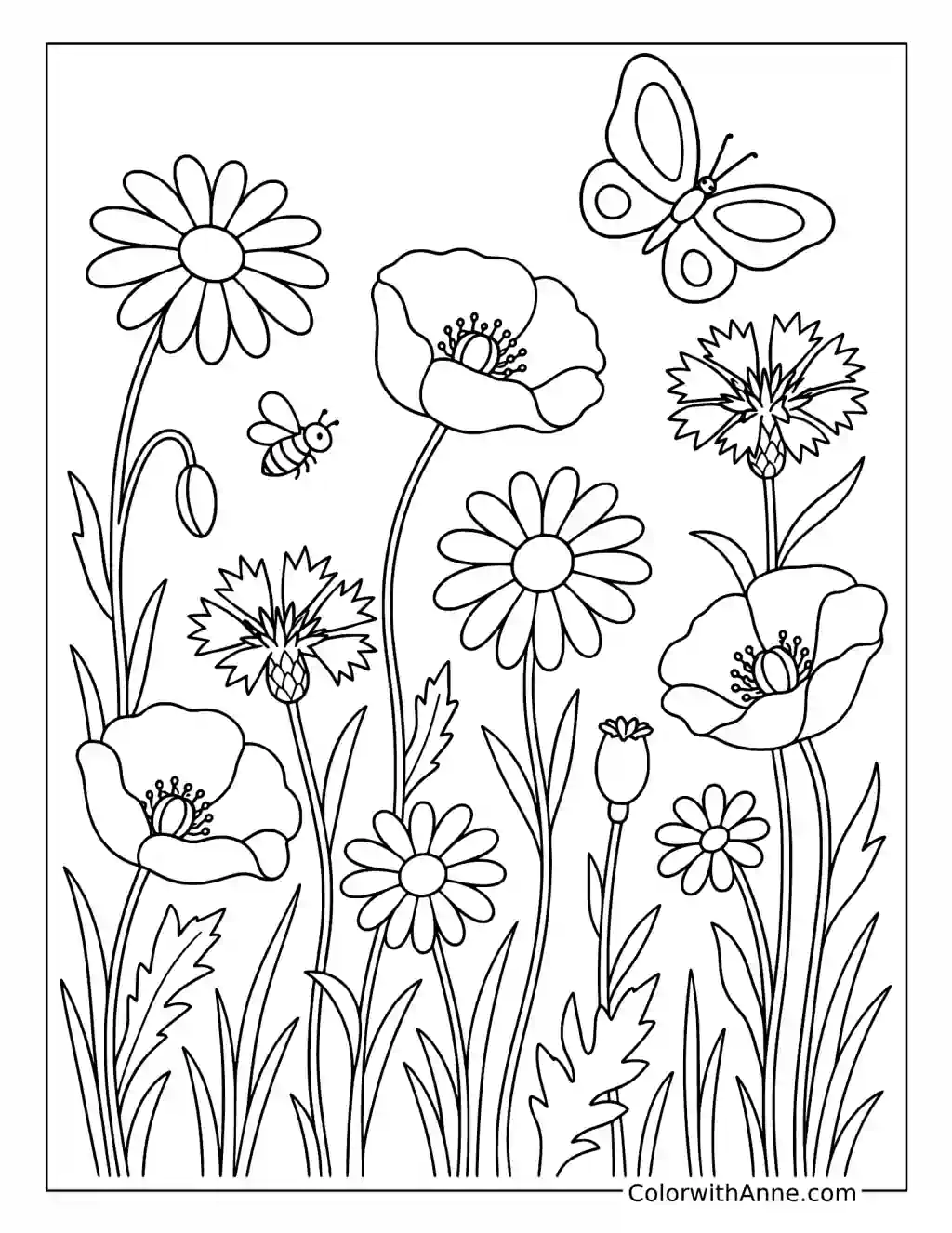Wildflower Meadow with Poppies Daisies and a Butterfly coloring page