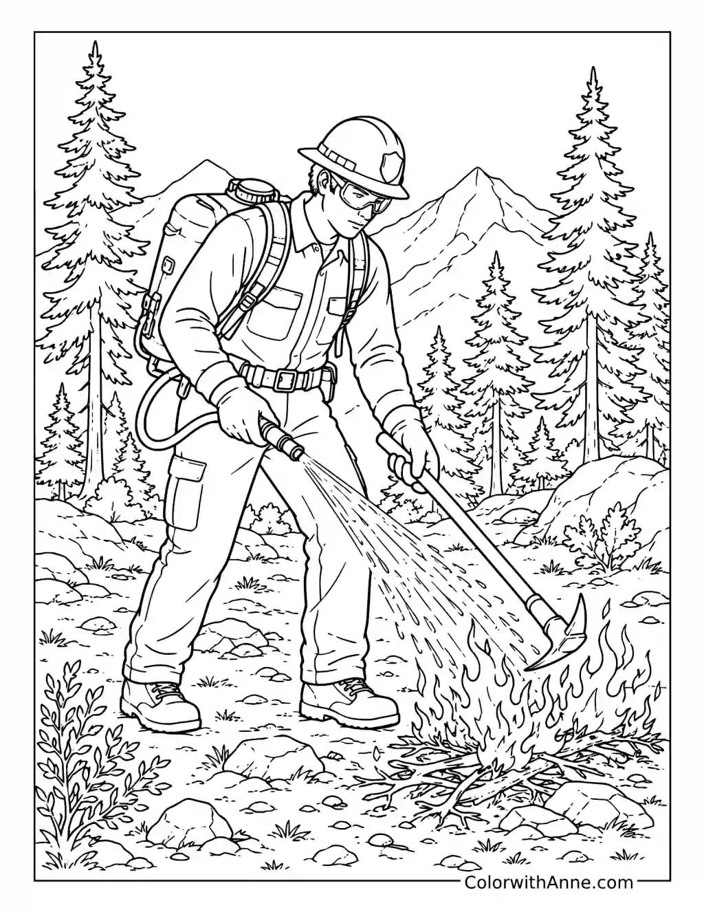 Wildland Firefighter Extinguishing a Brush Fire coloring page