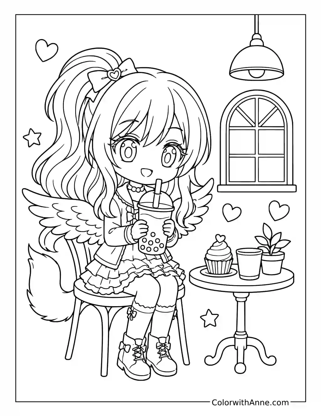 Winged Girl’s Cozy Bubble Tea Café coloring page