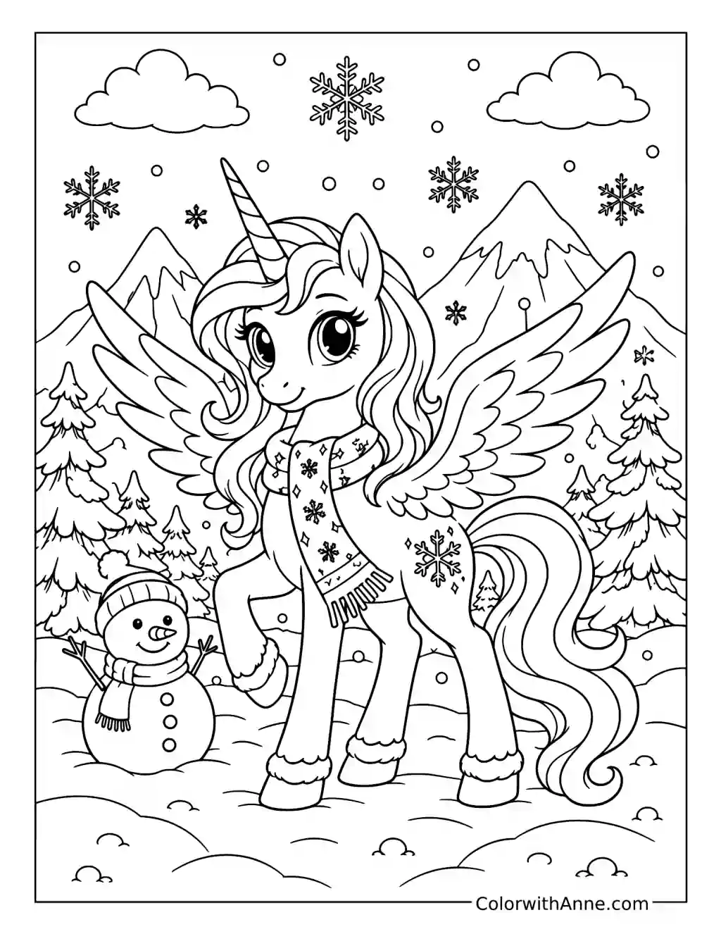 Winter Alicorn with a Snowman coloring page