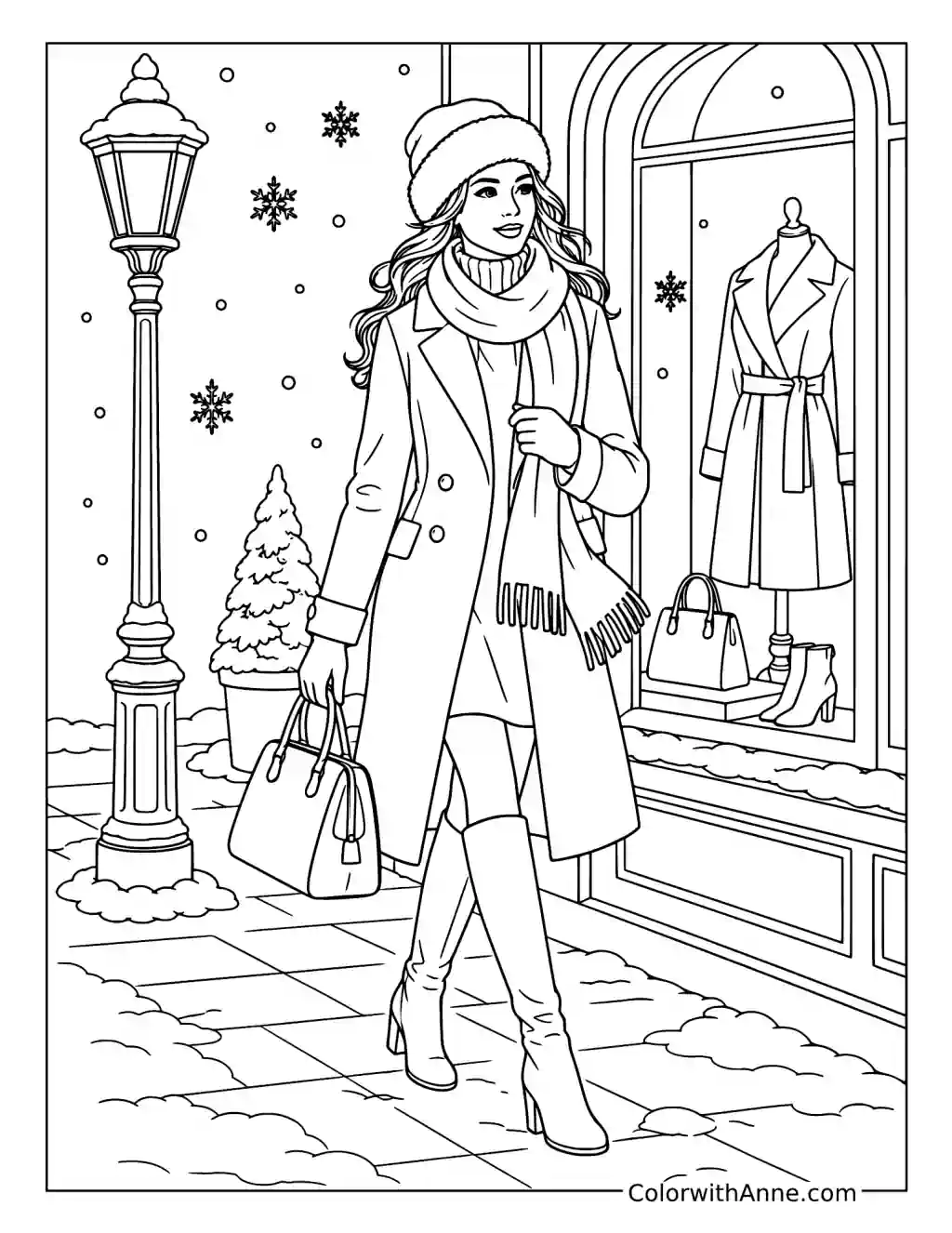 Winter Chic Boutique Stroll coloring page