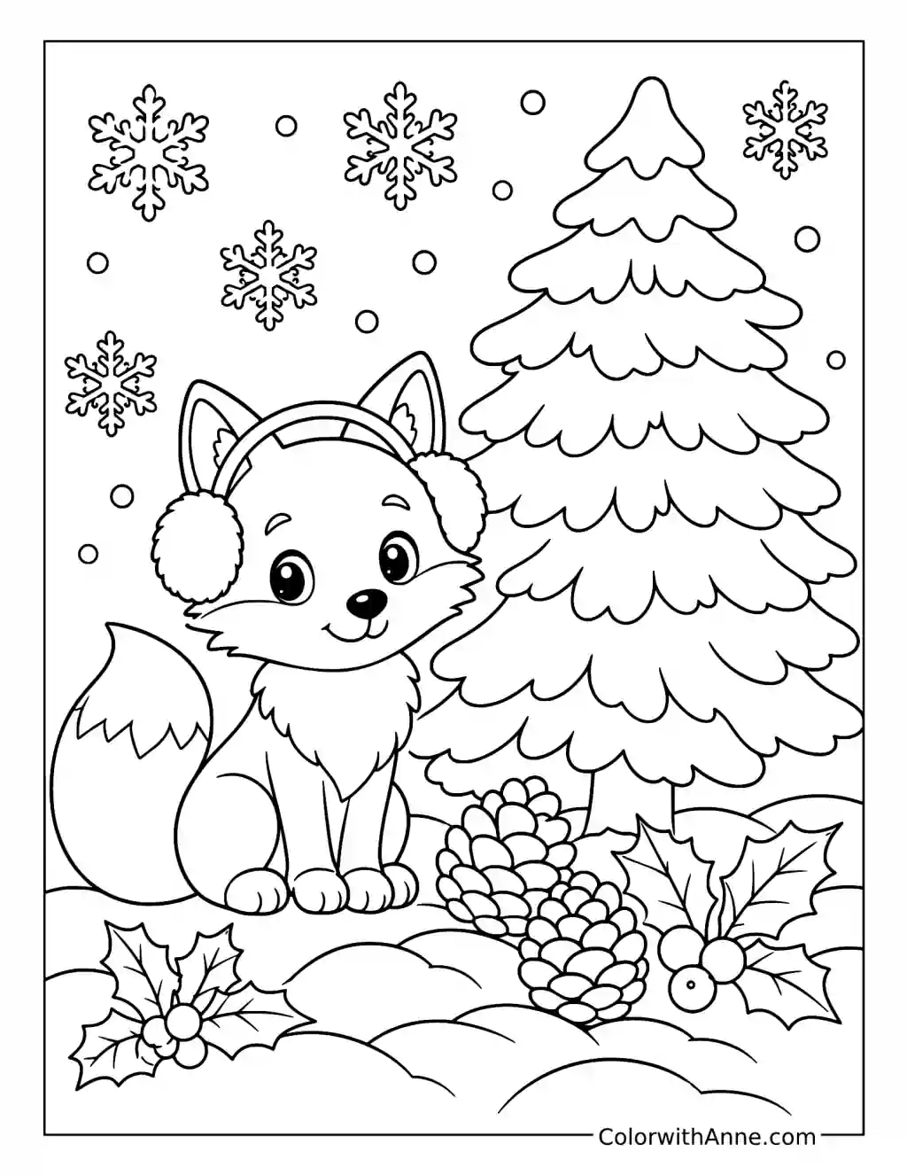 Winter Fox Under a Snowy Pine coloring page