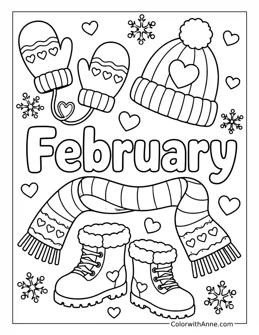 Winter Hat Mittens Scarf and Boots coloring page