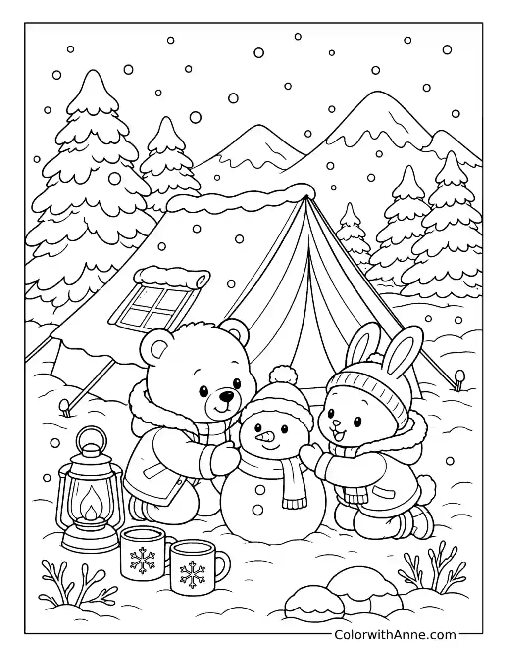 Winter Snow Camp with Bear and Rabbit coloring page