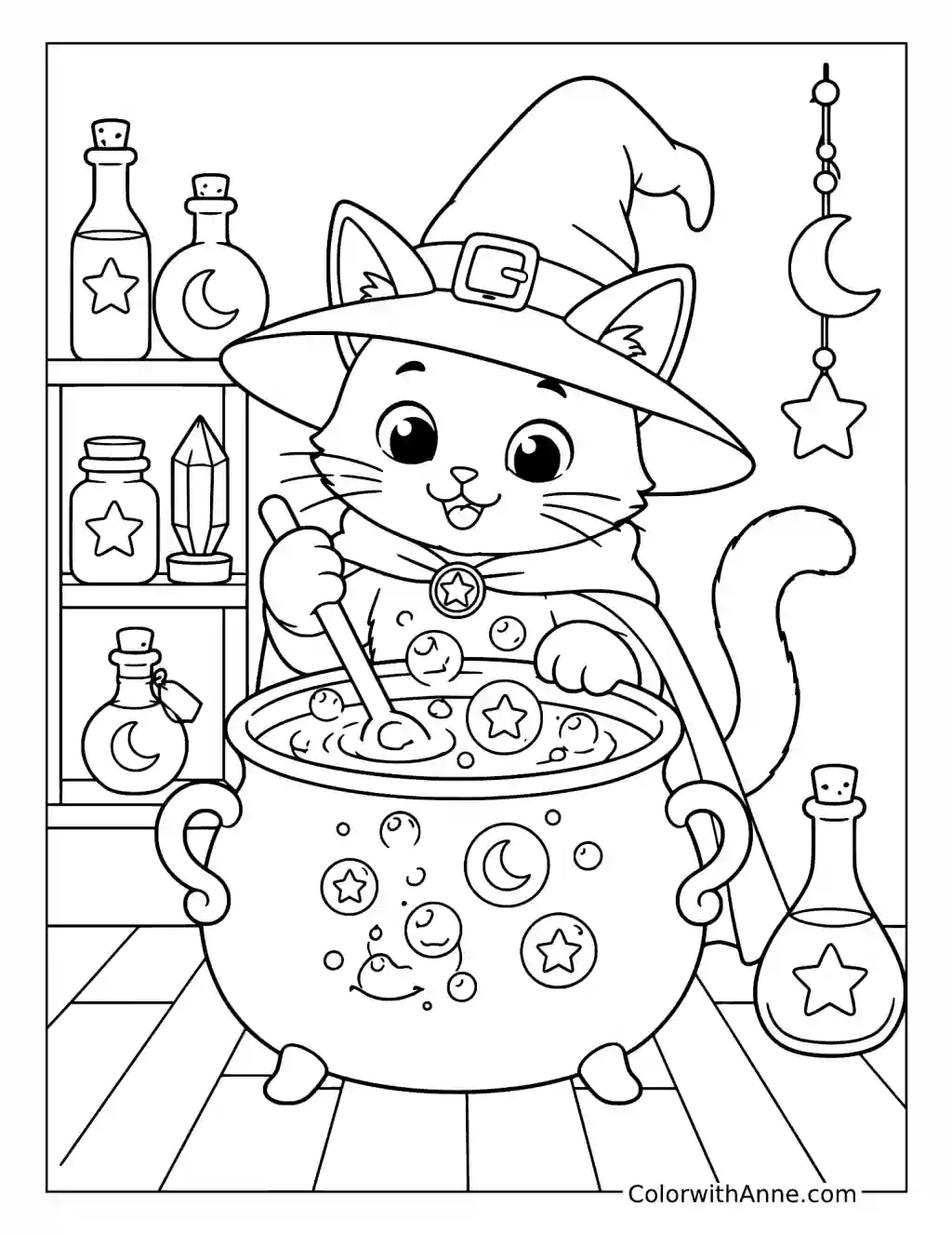 Witch Cat Brewing a Magic Potion coloring page