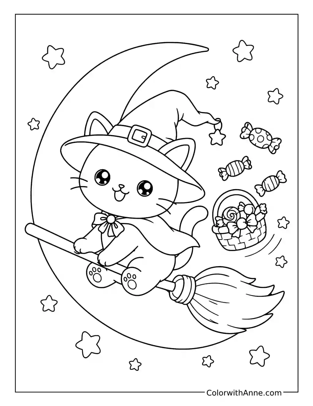 Witch Cat Flying on a Broom coloring page