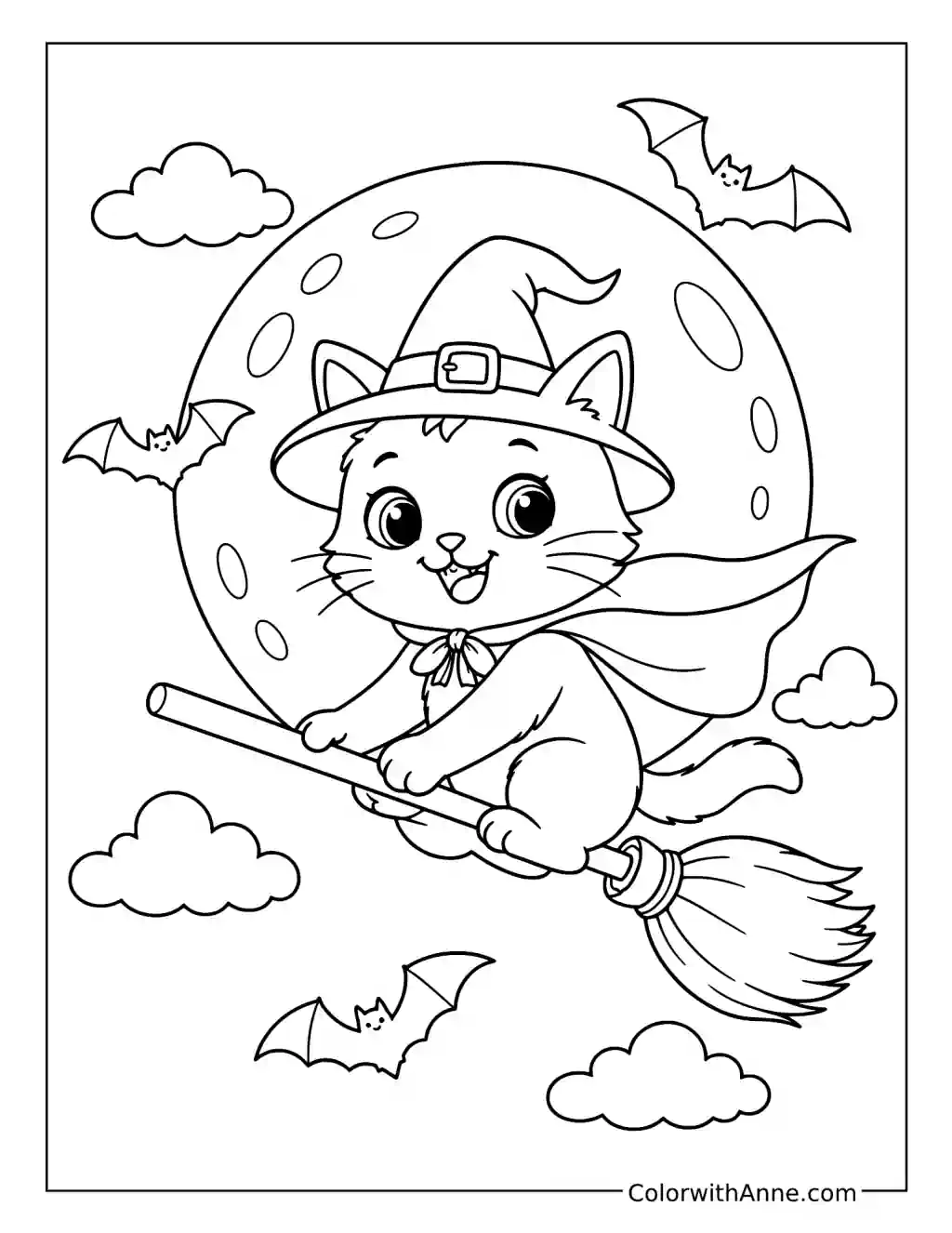 Witch Cat Flying on a Broomstick coloring page