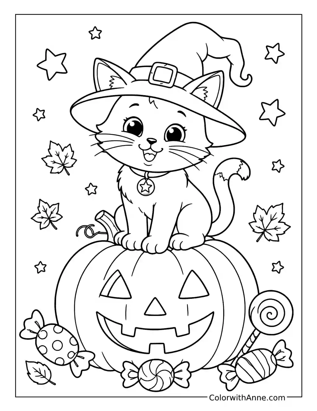 Witch Cat on a Jack-o’-Lantern coloring page