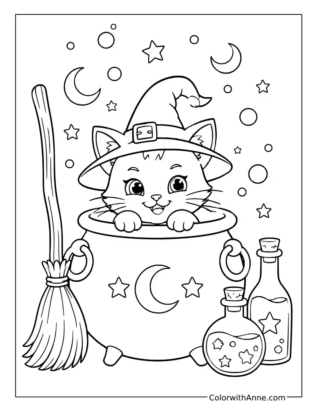 Witch Cat Peeking from a Cauldron coloring page