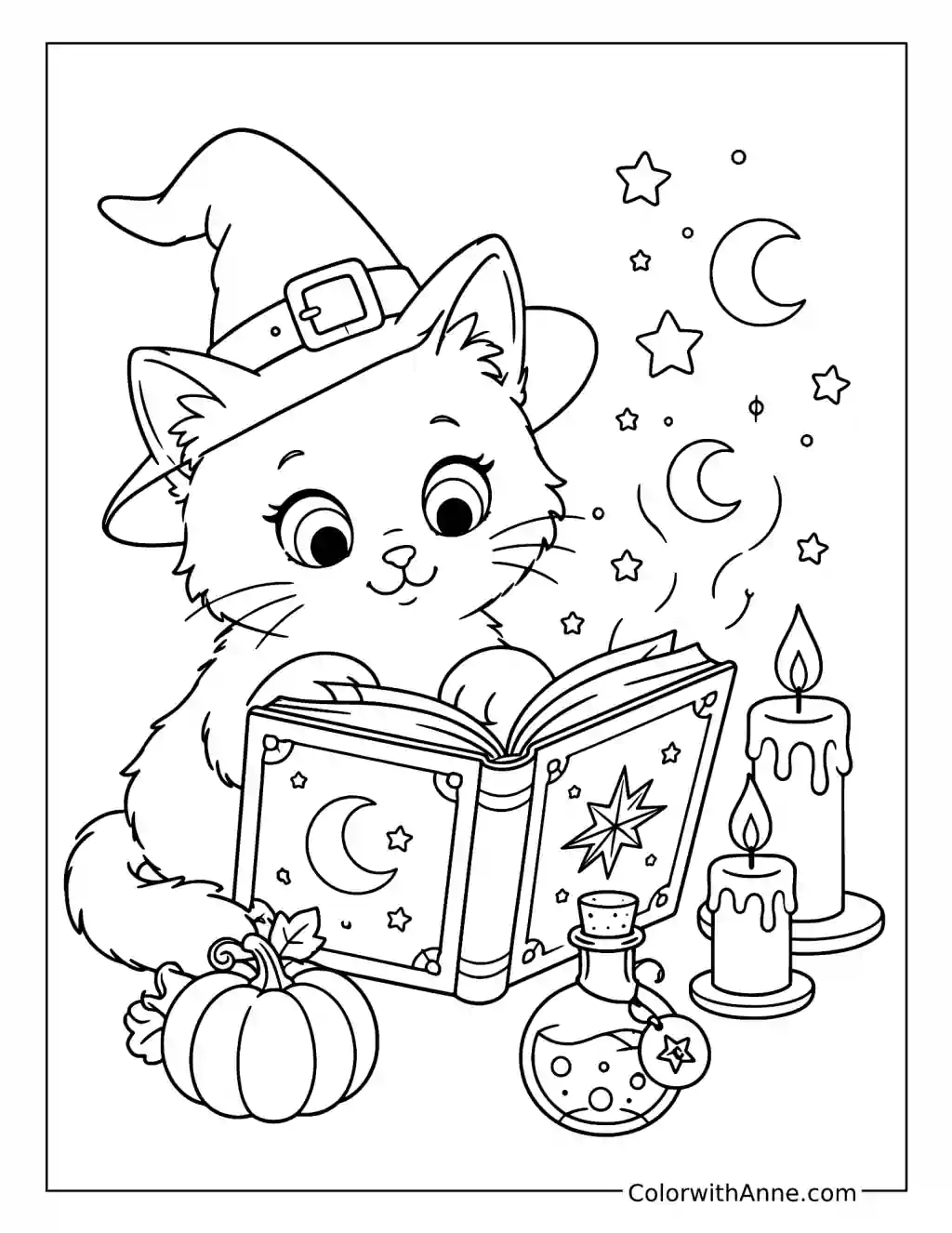 Witch Cat Reading a Spell Book coloring page