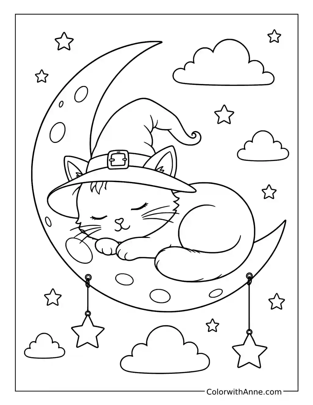Witch Cat Sleeping on a Crescent Moon coloring page