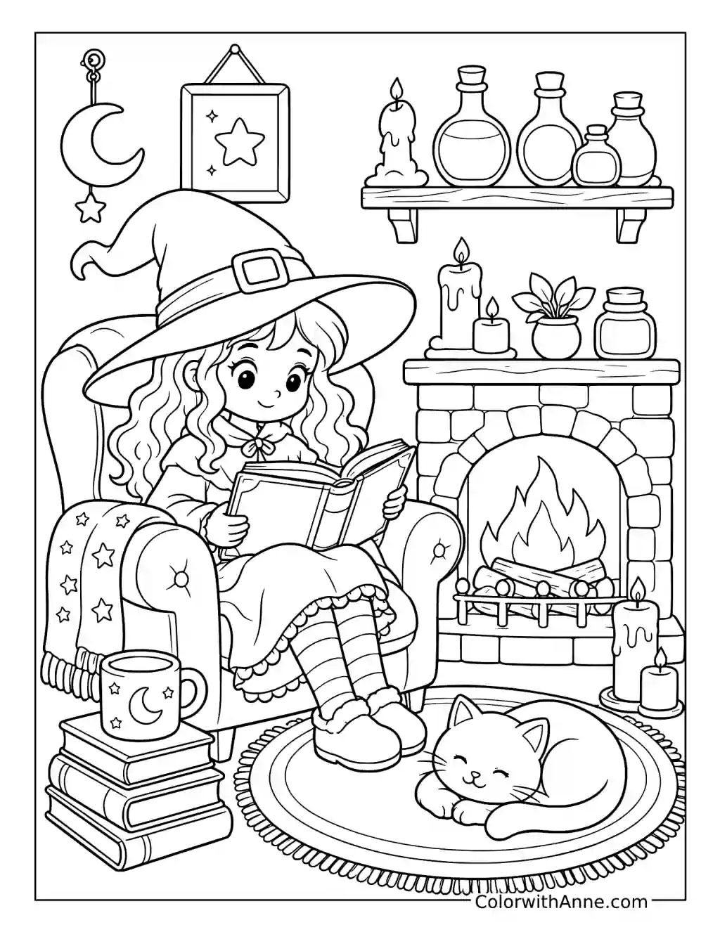 Witch Reading Beside a Fireplace coloring page