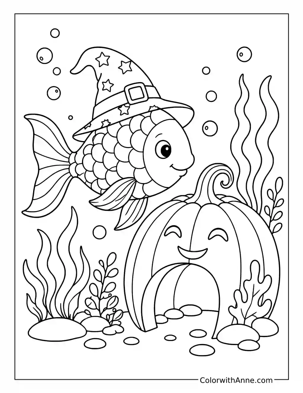 Wizard Hat Rainbow Fish and Pumpkin Cave coloring page