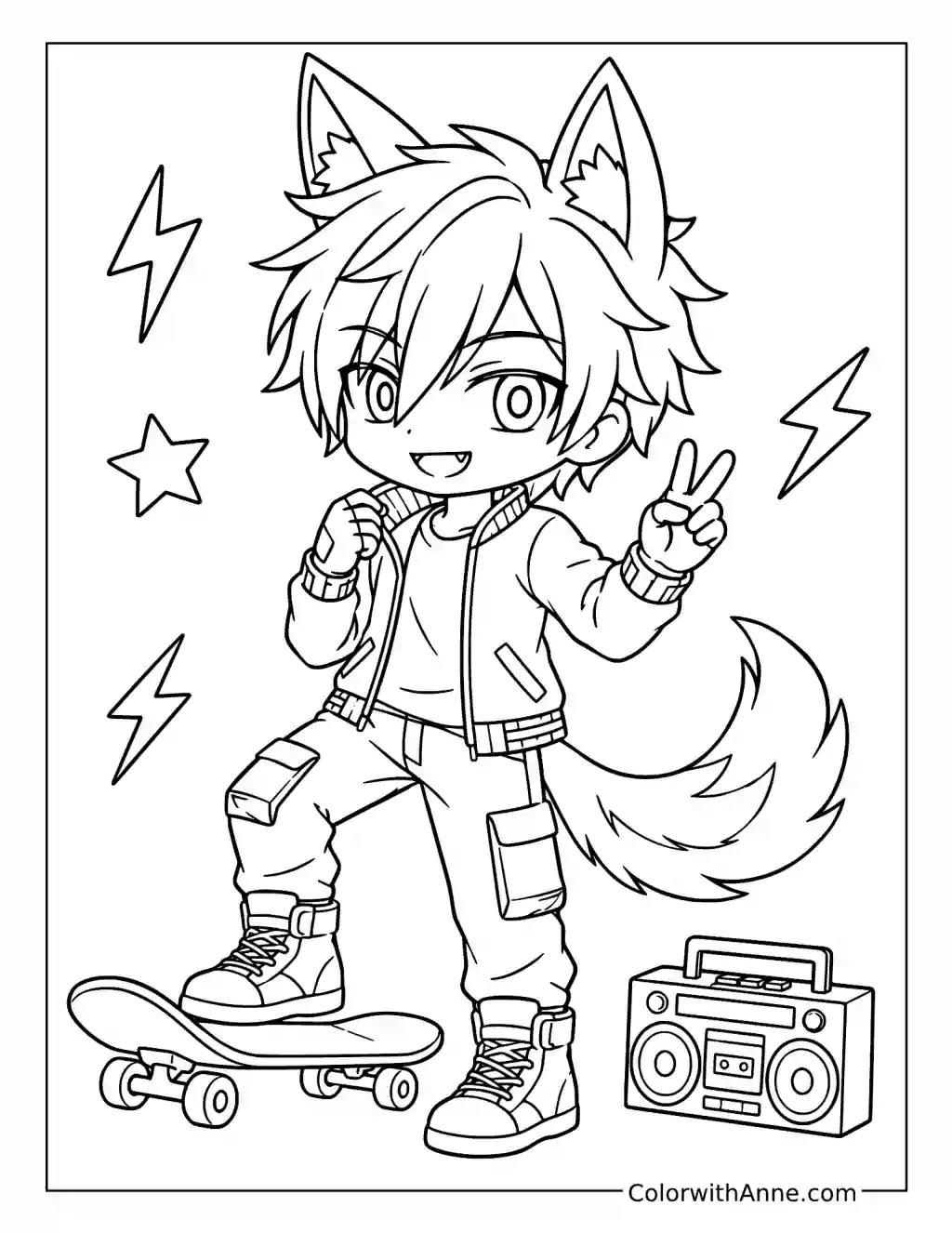 Wolf Boy’s Skateboard Peace Sign coloring page