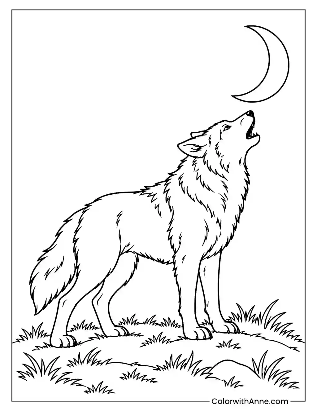 Wolf Howling at a Crescent Moon Coloring Page