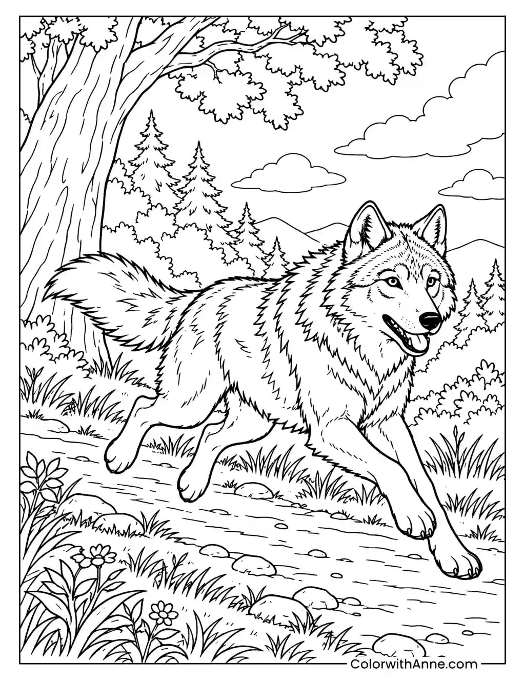 Wolf Running Through a Forest Landscape Coloring Page
