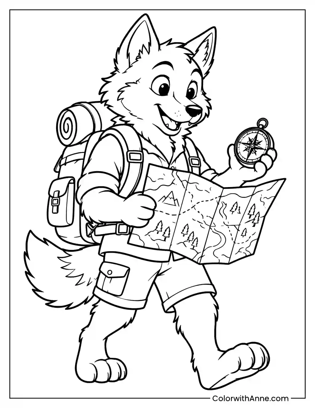 Wolf with a Backpack Coloring Page